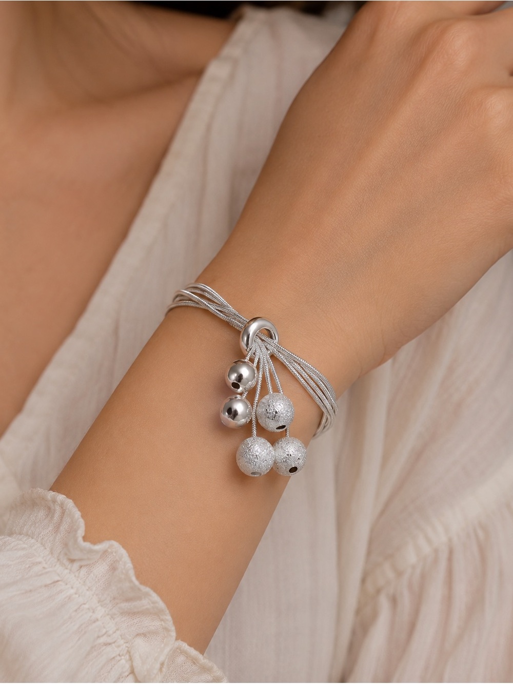 925 Sterling Silver Multi-Strand Tassel Charm Bracelet Elegant Statement Jewelry